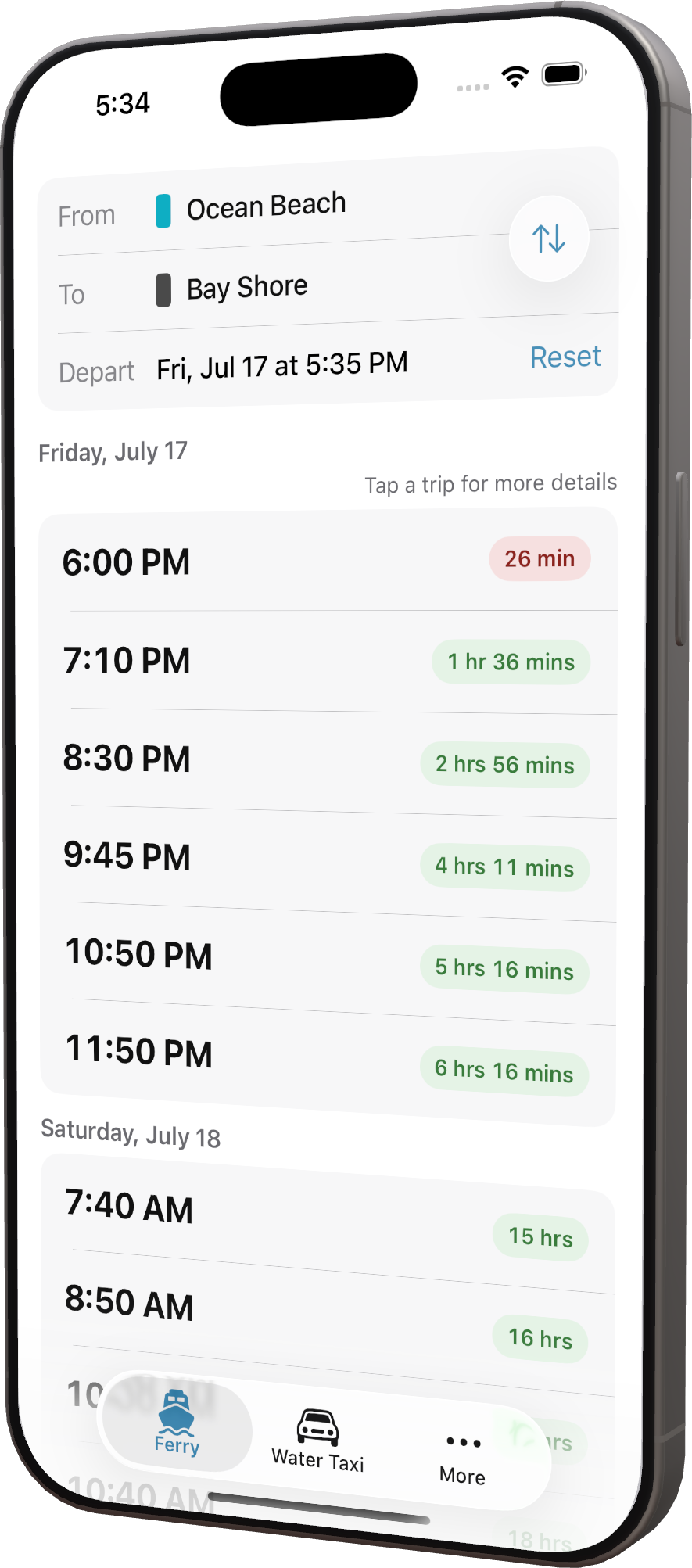 Screenshot of Fire Island Ferry Schedules app showing Ocean Beach to Bay Shore ferry times