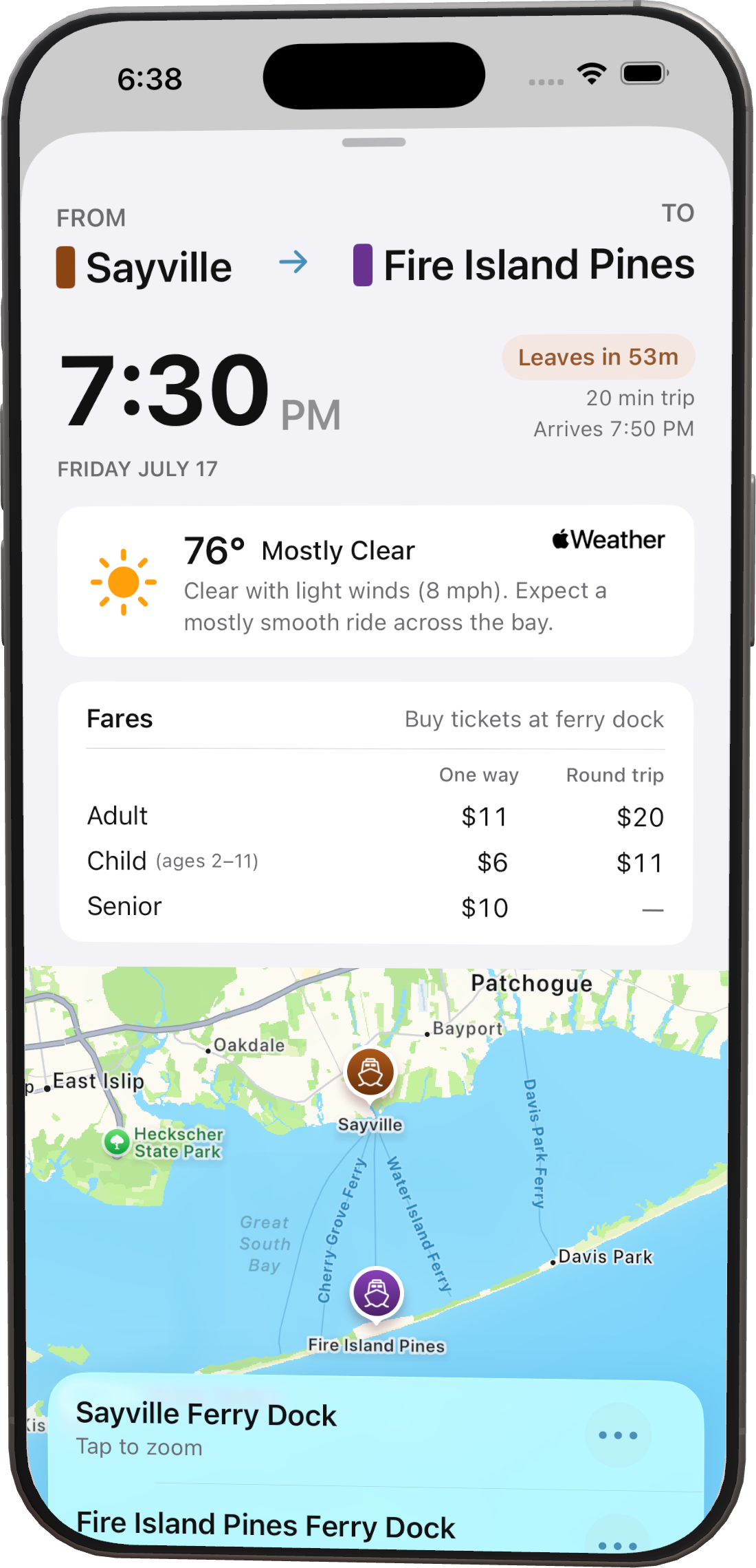 Fire Island ferry trip details for Sayville to Fire Island Pines showing departure time, trip duration, arrival time, bay weather, and ferry fares